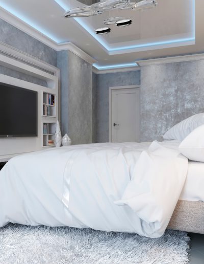 Luxurious modern bedroom with marble floors, plush bed, chandelier, and elegant blue-grey decor.
