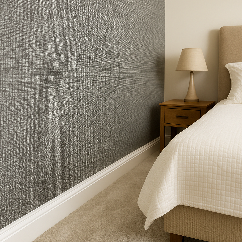 Serene bedroom corner with crosshatch wallpaper, beige bedding, and wooden bedside table with lamp.