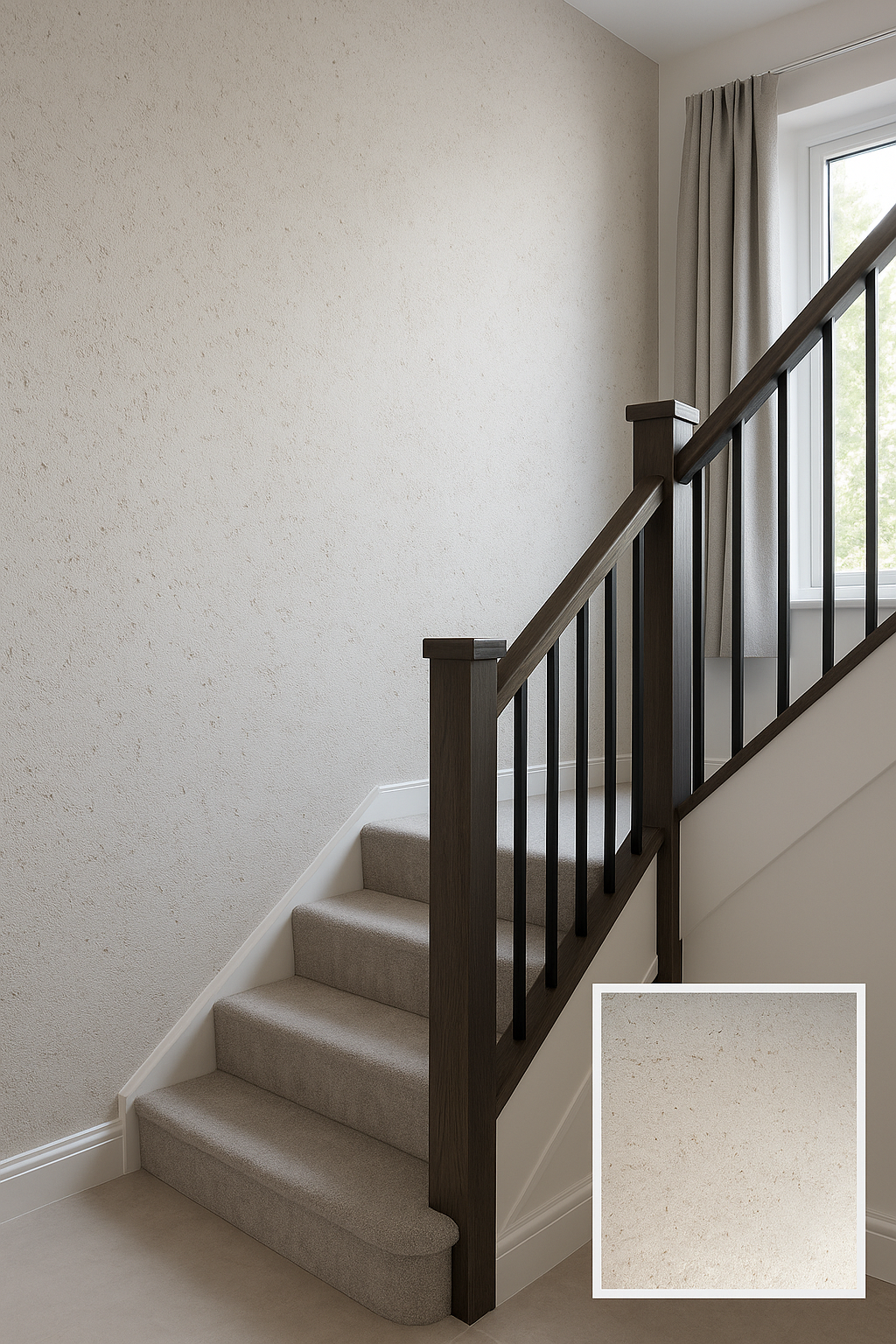 Modern staircase with light textured wallpaper, elegant carpeting, and dark wood handrail in bright interior.