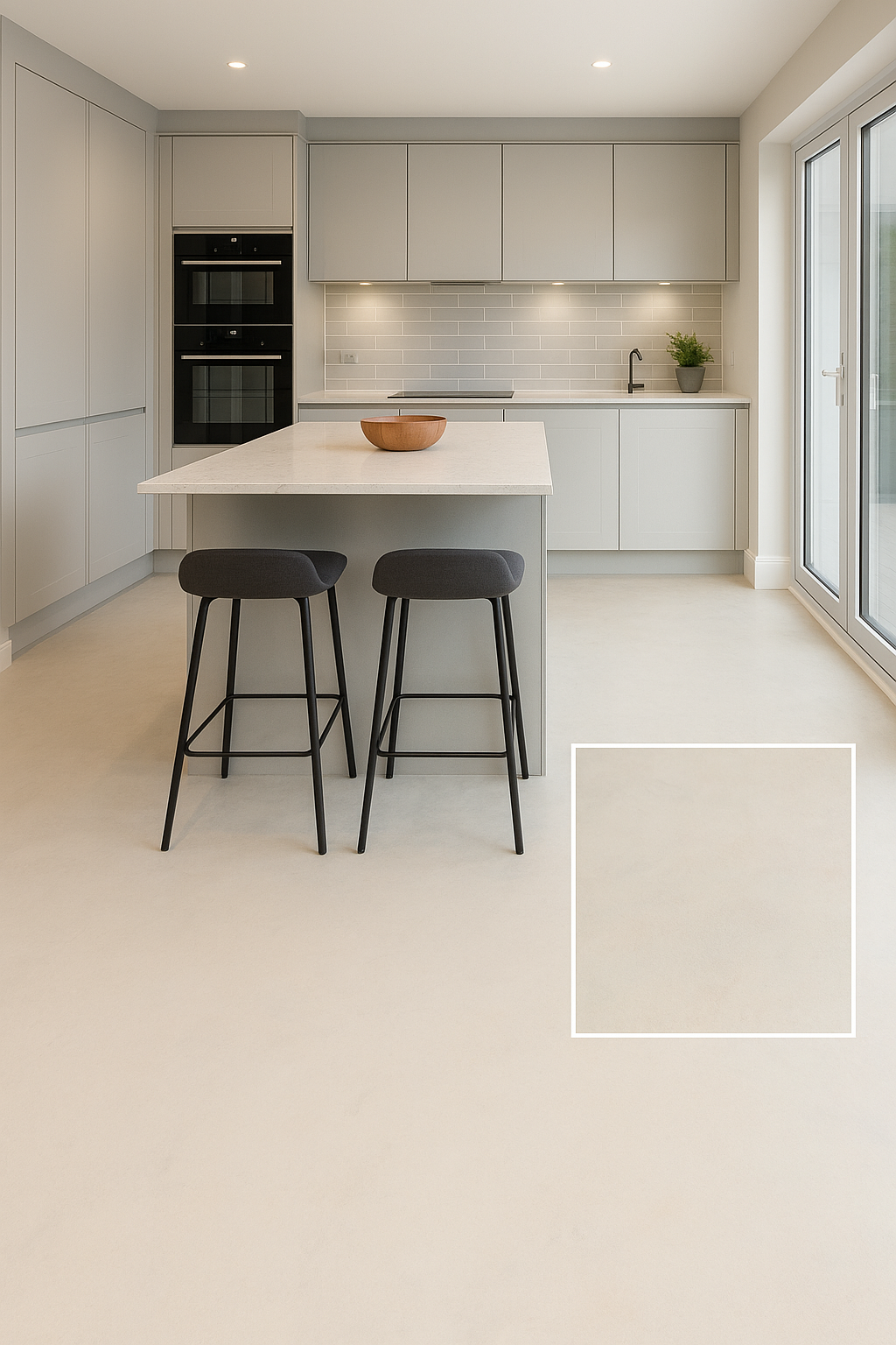 Modern minimalist kitchen with microcement island, handleless cabinets, and natural light from large glass doors.