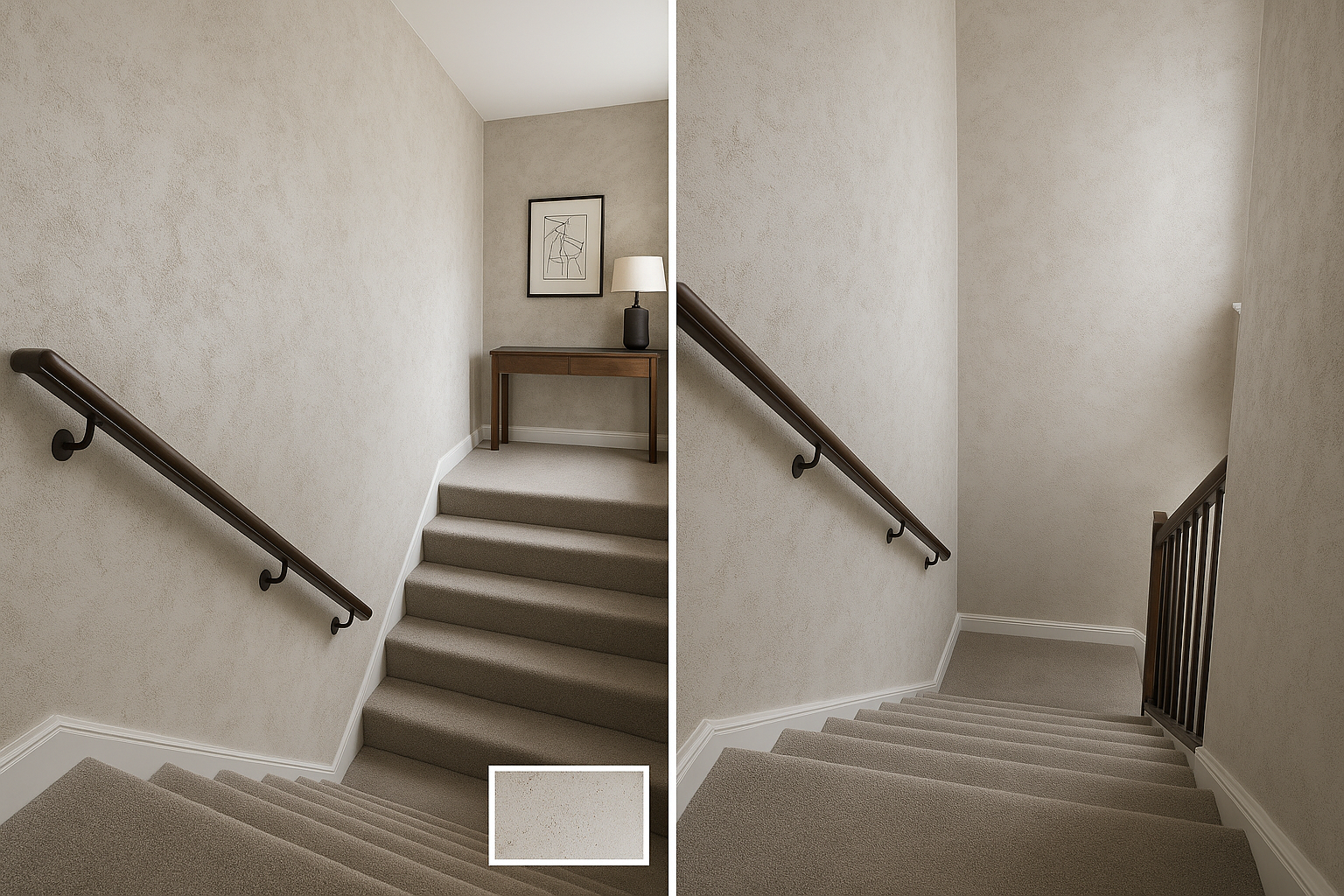 Modern carpeted staircase with Venetian plaster walls and minimalist decor in a stylish Bradford home.