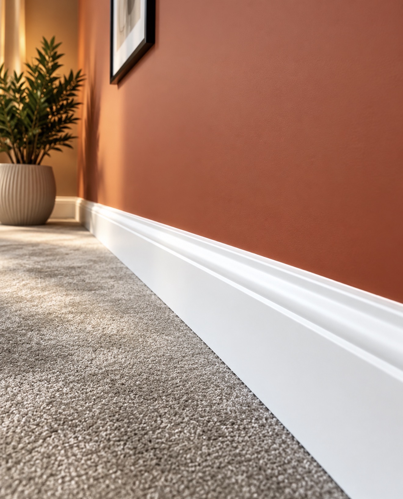 White skirting against a terracotta painted wall