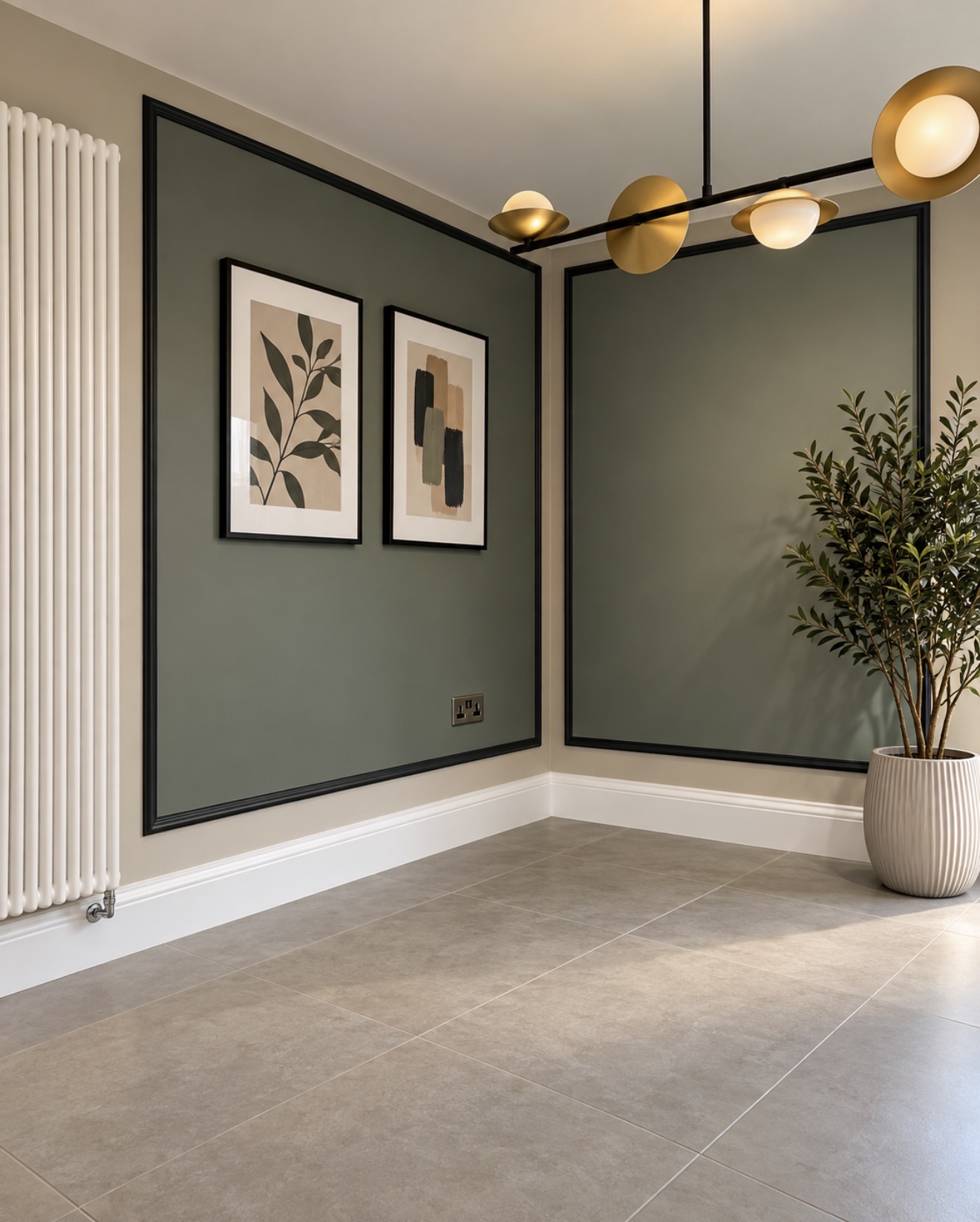 Muted green walls with dark decorative mouldings