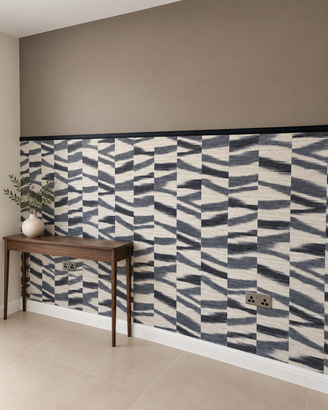 Bold geometric wallpaper. Digitally styled interior.