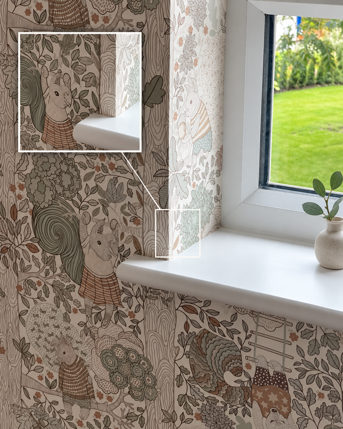 Woodland wallpaper and window detail. Digitally styled inspiration.