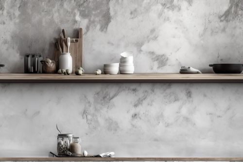 Mockup background, still life background in light gray and white, wooden table surface, and Venetian plaster wall. Generative AI